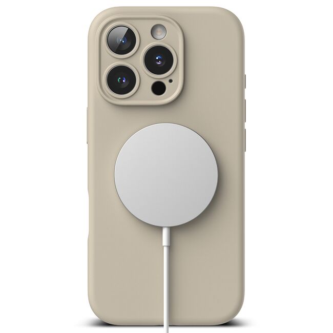 Husa premium pentru iPhone 16 Pro Max Silicone Magnetic compatibila MagSafe captusita cu microfibra - crem