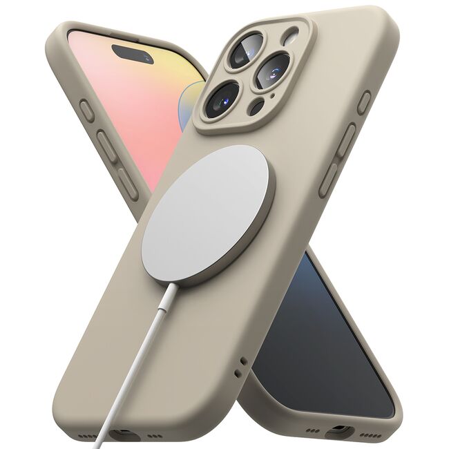 Husa premium pentru iPhone 16 Pro Max Silicone Magnetic compatibila MagSafe captusita cu microfibra - crem