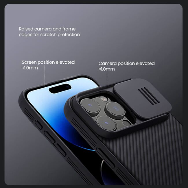 Husă Premium pentru  iPhone 16 Pro cu slider pentru protectia lentilelor anti-amprente - albastru inchis