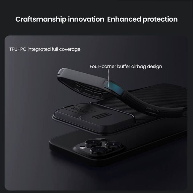 Husă Premium pentru  iPhone 16 Pro cu slider pentru protectia lentilelor anti-amprente - negru electric