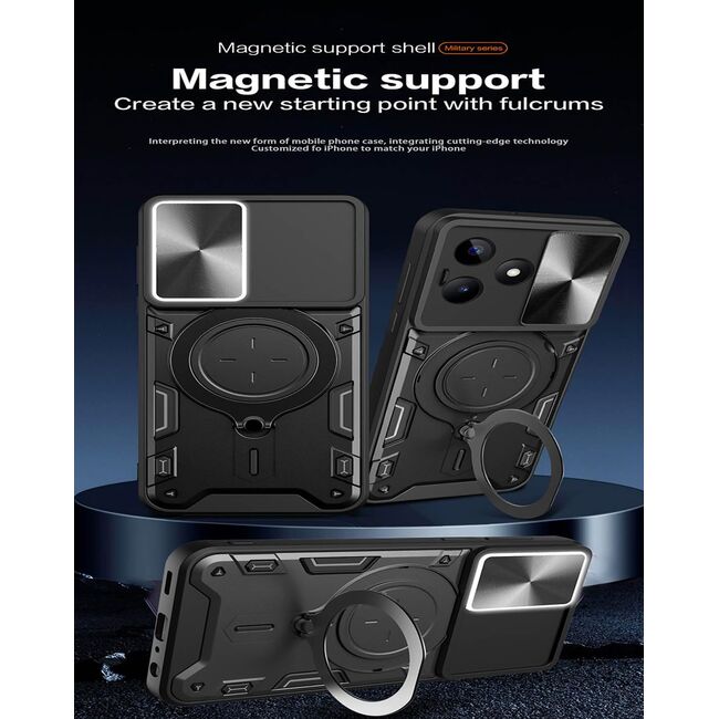 Husa pentru  Realme C61, Realme C63 cu protecție pentru cameră și suport magnetic integrat Ring Shockproof, negru