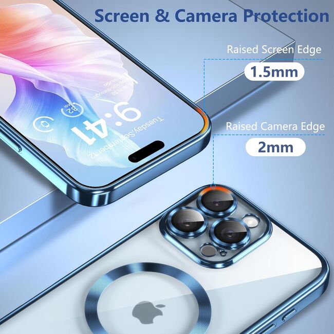 Husa pentru iPhone 16 Pro Max cu MagSafe si protectie pentru lentile anti-shock 1.5 mm transparent - albastru
