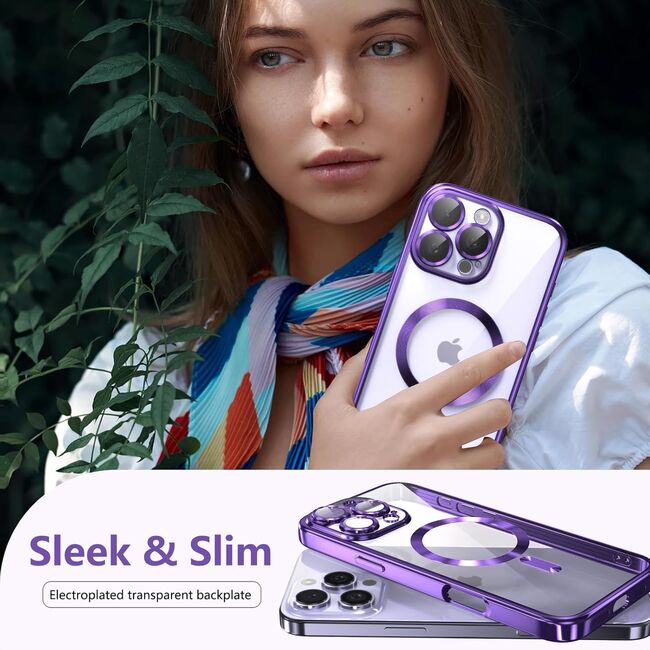 Husa pentru iPhone 16 Pro Max cu MagSafe si protectie pentru lentile anti-shock 1.5 mm transparent - mov