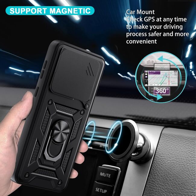 Husa pentru Poco F6 cu inel Ring Armor Kickstand Tough, protectie camera, negru