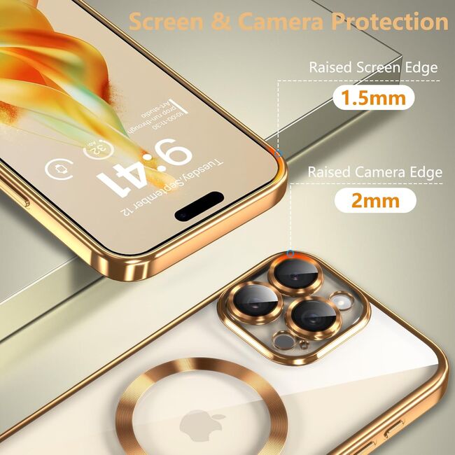 Husa pentru iPhone 16 Pro Max cu MagSafe si protectie pentru lentile anti-shock 1.5 mm transparent - auriu