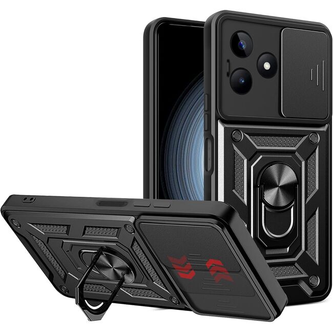 Husa pentru  Realme C61, Realme C63 Ring Armor Kickstand Tough Rugged Cover cu protectie camera, negru