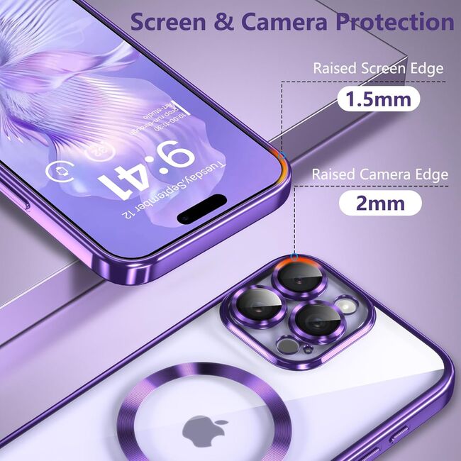 Husa pentru  iPhone 16 Pro cu MagSafe si protectie pentru lentile anti-shock 1.5 mm transparent - mov