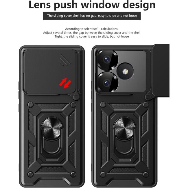 Husa pentru Poco F6 cu inel Ring Armor Kickstand Tough, protectie camera, negru