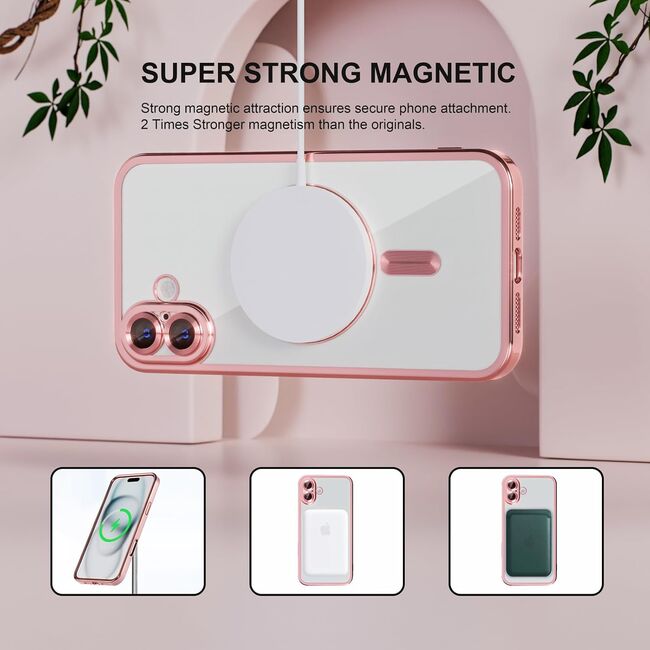 Husa pentru  iPhone 16 cu MagSafe si protectie pentru lentile anti-shock 1.5 mm transparent - roz