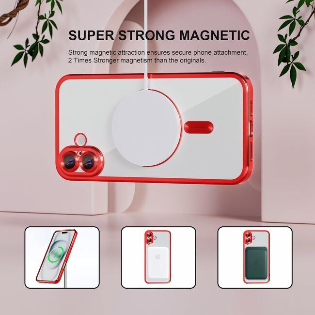 Husa pentru  iPhone 16 Plus cu MagSafe si protectie pentru lentile anti-shock 1.5 mm transparent - rosu