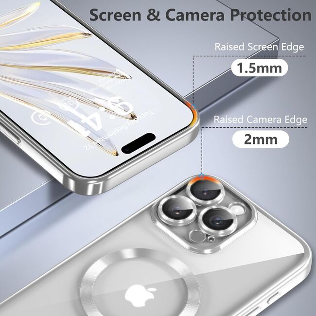 Husa pentru  iPhone 16 Pro cu MagSafe si protectie pentru lentile anti-shock 1.5 mm transparent - argintiu