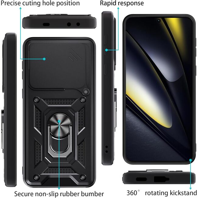 Husa pentru Poco F6 cu inel Ring Armor Kickstand Tough, protectie camera, negru