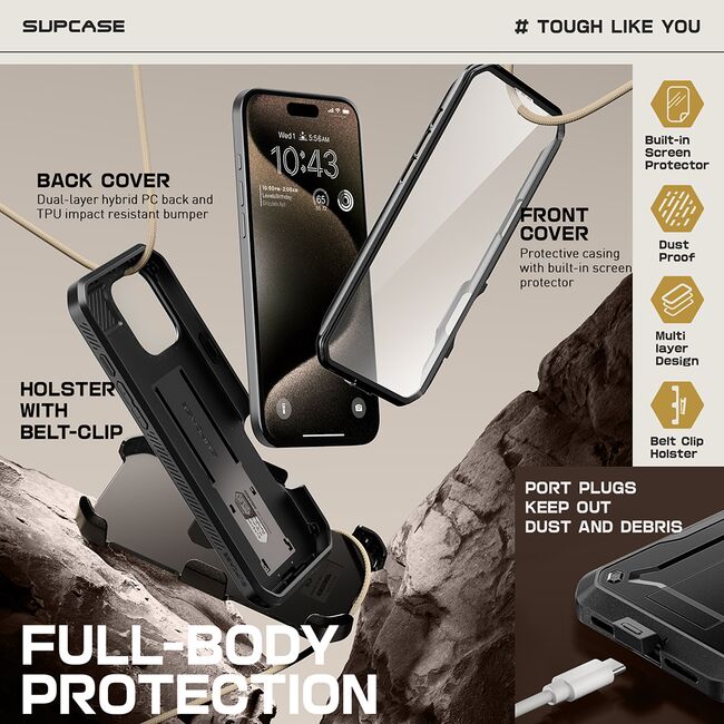 Husa 360 iPhone 16 Pro Supcase Unicorn Beetle Pro, negru