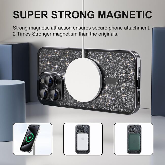 Husa pentru  iPhone 16 Pro cu MagSafe Sparkle Glare Detachable Layer, cu protectie lentile - negru