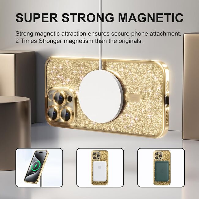 Husa pentru  iPhone 16 Pro cu MagSafe Sparkle Glare Detachable Layer, cu protectie lentile - auriu