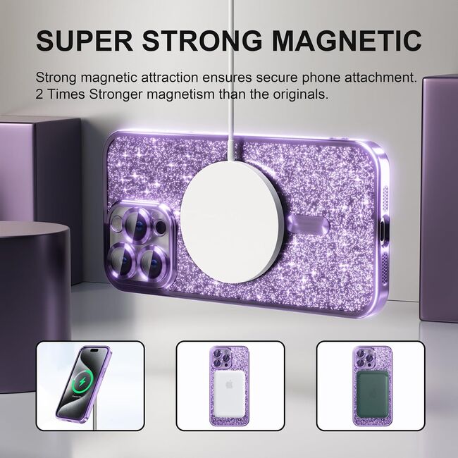 Husa pentru  iPhone 16 Pro cu MagSafe Sparkle Glare Detachable Layer, cu protectie lentile - mov deschis