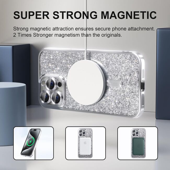 Husa pentru  iPhone 16 Pro cu MagSafe Sparkle Glare Detachable Layer, cu protectie lentile - argintiu