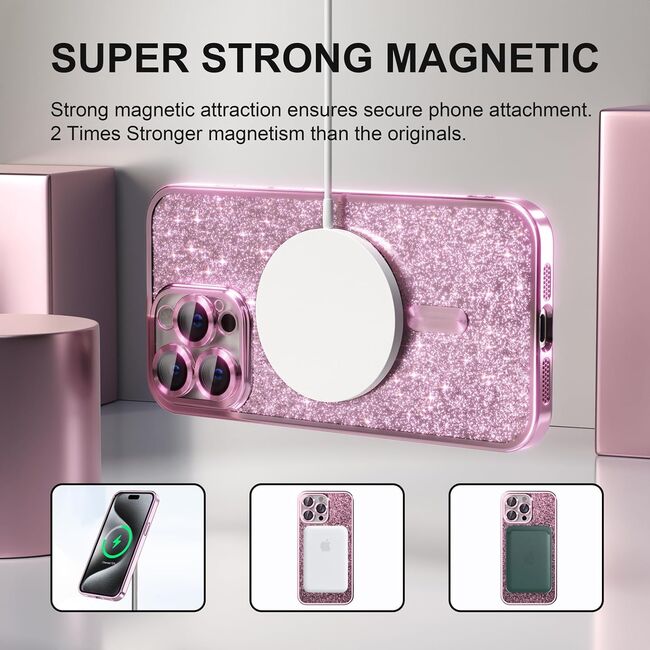 Husa pentru  iPhone 16 Pro cu MagSafe Sparkle Glare Detachable Layer, cu protectie lentile - roz