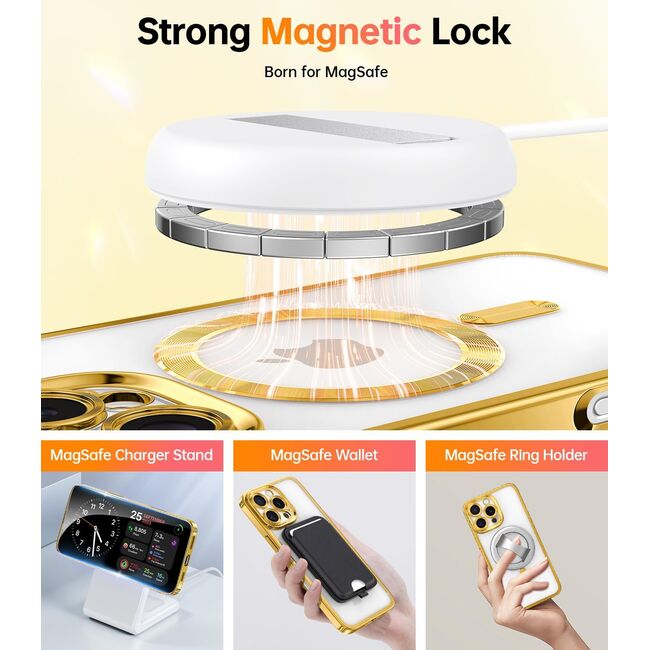 Husa pentru  iPhone 16 Pro Max cu MagSafe Sparkle Glare Detachable Layer, cu protectie lentile - auriu