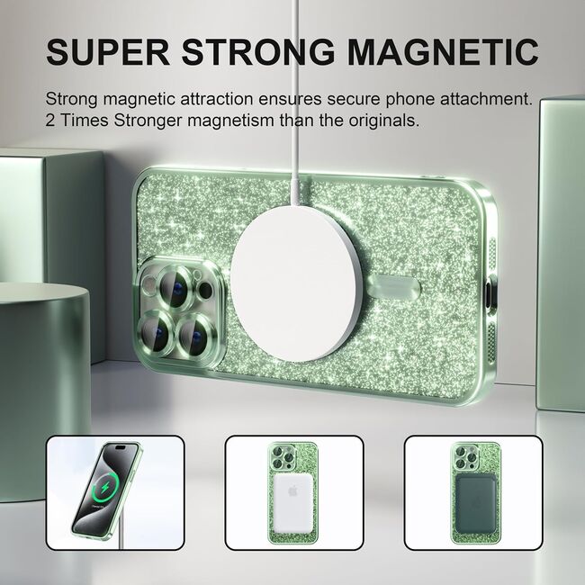 Husa pentru  iPhone 16 Pro Max cu MagSafe Sparkle Glare Detachable Layer, cu protectie lentile - verde deschis