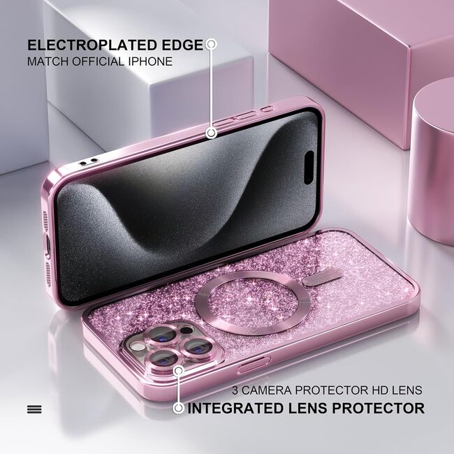 Husa pentru  iPhone 16 Pro cu MagSafe Sparkle Glare Detachable Layer, cu protectie lentile - roz
