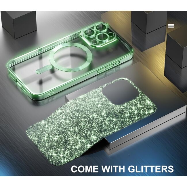 Husa pentru  iPhone 16 Pro Max cu MagSafe Sparkle Glare Detachable Layer, cu protectie lentile - verde deschis