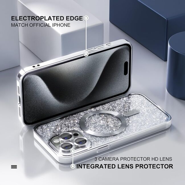 Husa pentru  iPhone 16 Pro Max cu MagSafe Sparkle Glare Detachable Layer, cu protectie lentile - argintiu
