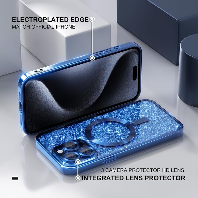 Husa pentru  iPhone 16 Pro Max cu MagSafe Sparkle Glare Detachable Layer, cu protectie lentile - albastru deschis