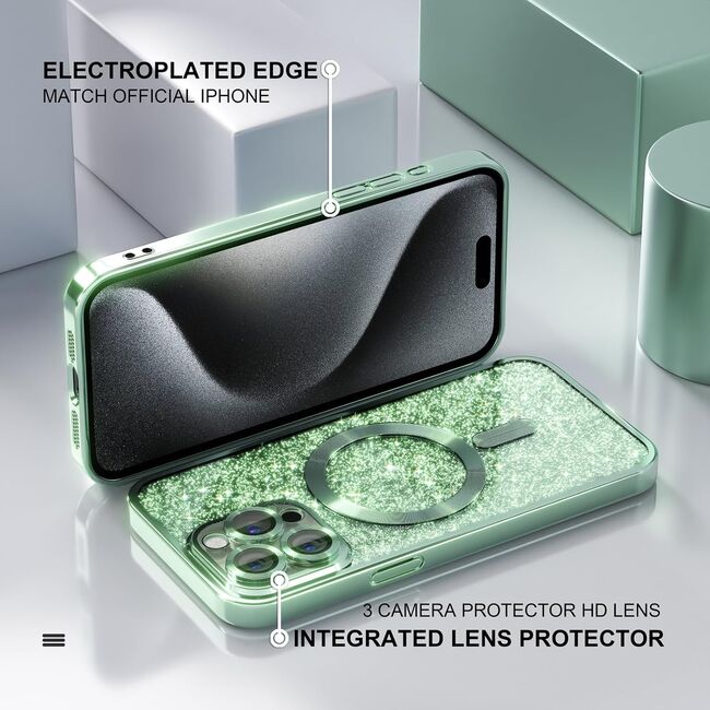 Husa pentru  iPhone 16 Pro Max cu MagSafe Sparkle Glare Detachable Layer, cu protectie lentile - verde deschis