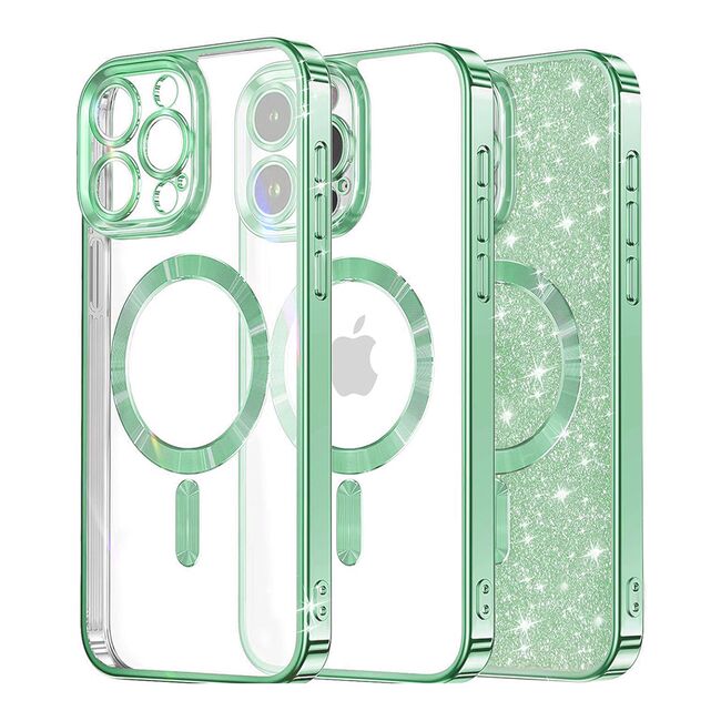 Husa pentru  iPhone 16 Pro Max cu MagSafe Sparkle Glare Detachable Layer, cu protectie lentile - verde deschis