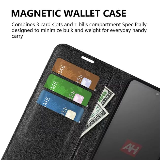 Husa pentru  iPhone 16 Pro Max tip carte cu inchidere magnetica, compartimente pentru carduri si functie stand, negru