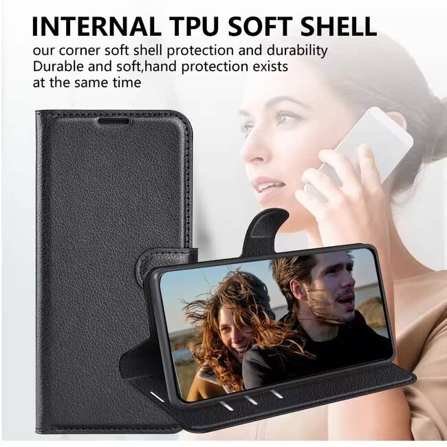 Husa pentru  iPhone 16 Pro Max tip carte cu inchidere magnetica, compartimente pentru carduri si functie stand, negru