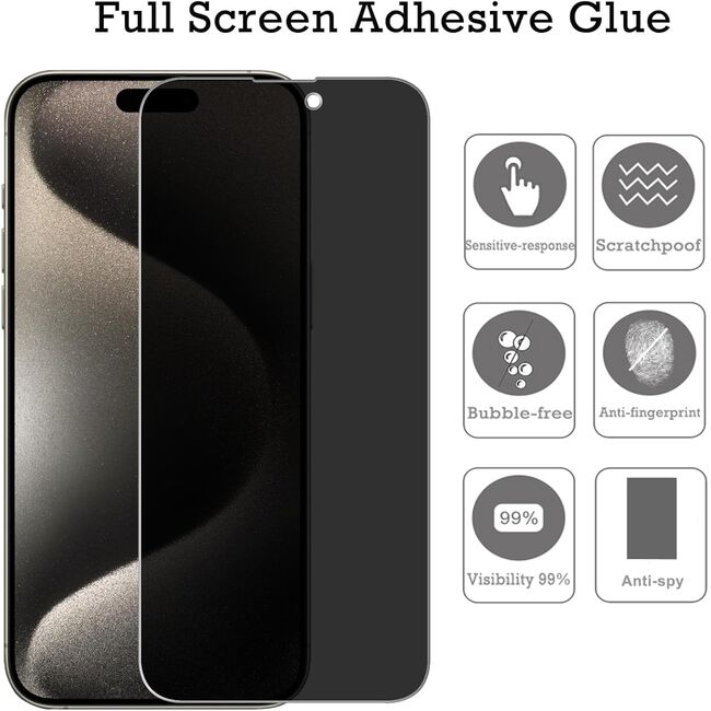 Folie din sticla privacy pentru iPhone 16 Plus GLASS PRO+, margini negre