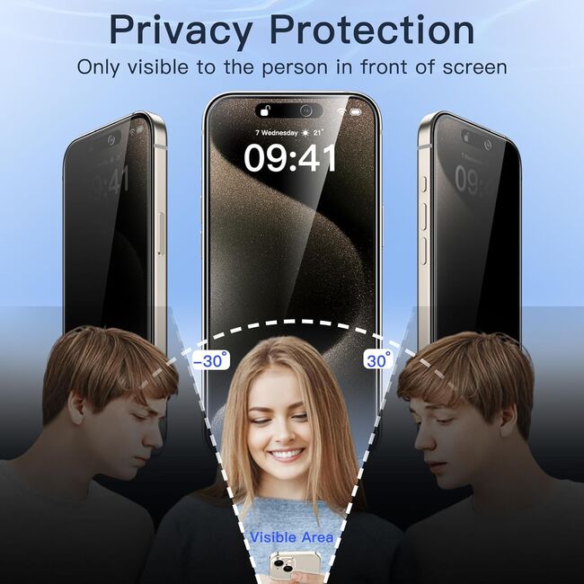 Folie din sticla privacy pentru iPhone 16 Plus GLASS PRO+, margini negre