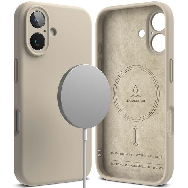 Husa premium pentru  iPhone 16 Silicone Magnetic compatibila MagSafe captusita cu microfibra - bej