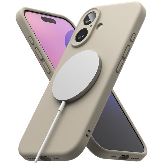 Husa premium pentru  iPhone 16 Plus Silicone Magnetic compatibila MagSafe captusita cu microfibra - bej