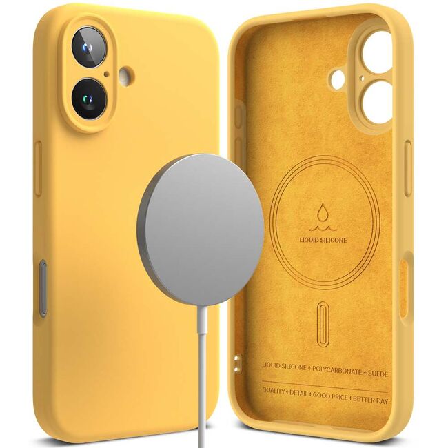 Husa premium pentru  iPhone 16 Plus Silicone Magnetic compatibila MagSafe captusita cu microfibra - galben
