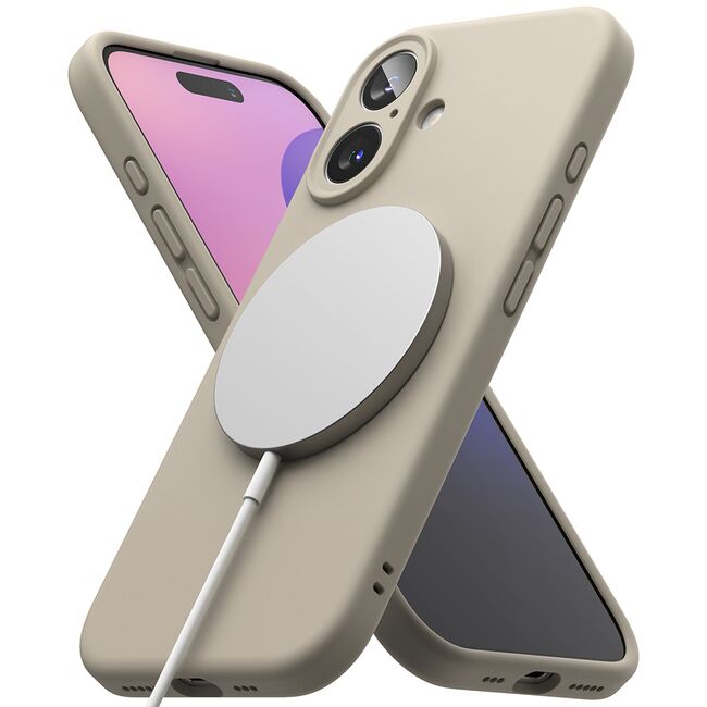 Husa premium pentru  iPhone 16 Silicone Magnetic compatibila MagSafe captusita cu microfibra - bej