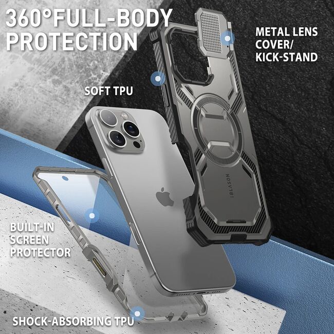 [Pachet 360°] Husa + folie iPhone 16 Pro I-Blason Armorbox, gri
