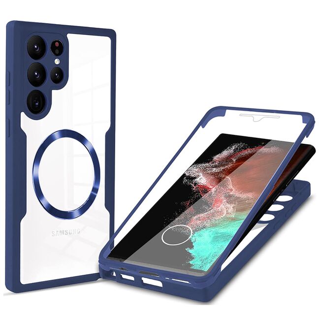 Pachet 360: Husa cu folie integrata pentru  Samsung Galaxy S23 Ultra 5G cu MagSafe Cover360 fata / spate - albastru