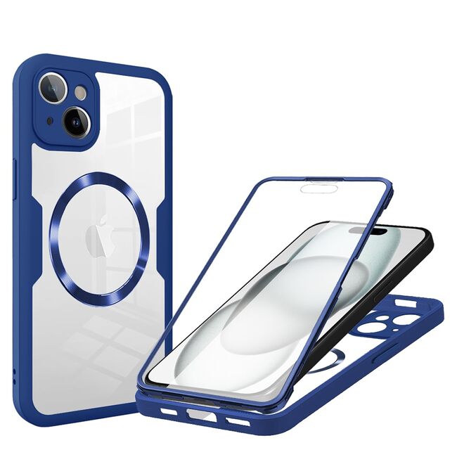 Pachet 360: Husa cu folie integrata pentru  iPhone 15 cu MagSafe Cover360 fata / spate - albastru