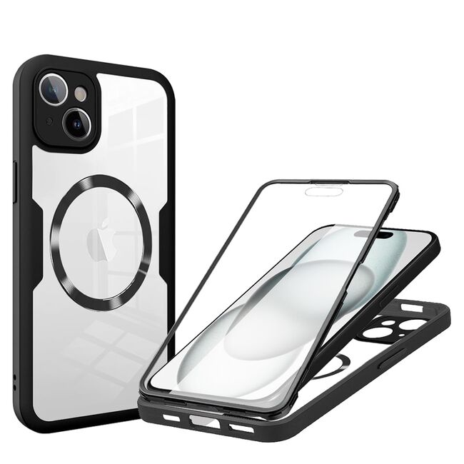 Pachet 360: Husa cu folie integrata pentru  iPhone 15 cu MagSafe Cover360 fata / spate - negru