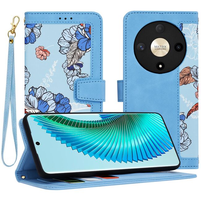 Husa tip carte pentru  Honor Magic 6 Lite, functie stand si port carduri, albastru