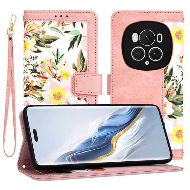 Husa tip carte pentru  Honor Magic 6 Pro, functie stand si port carduri, roz