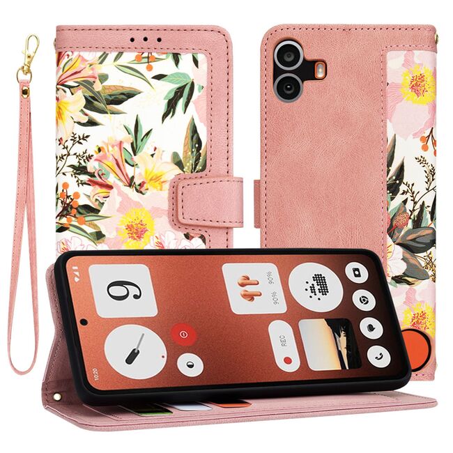 Husa tip carte pentru  Nothing CMF Phone 1, functie stand si port carduri, roz