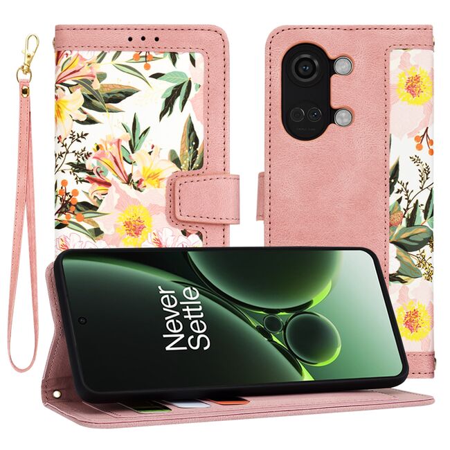 Husa tip carte pentru  OnePlus Nord 3, functie stand si port carduri, roz