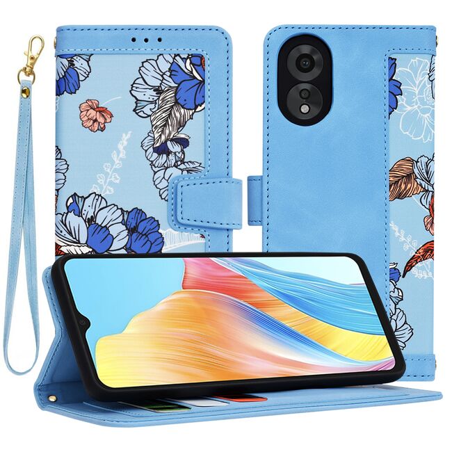 Husa tip carte pentru  Oppo A18, A38, functie stand si port carduri, albastru