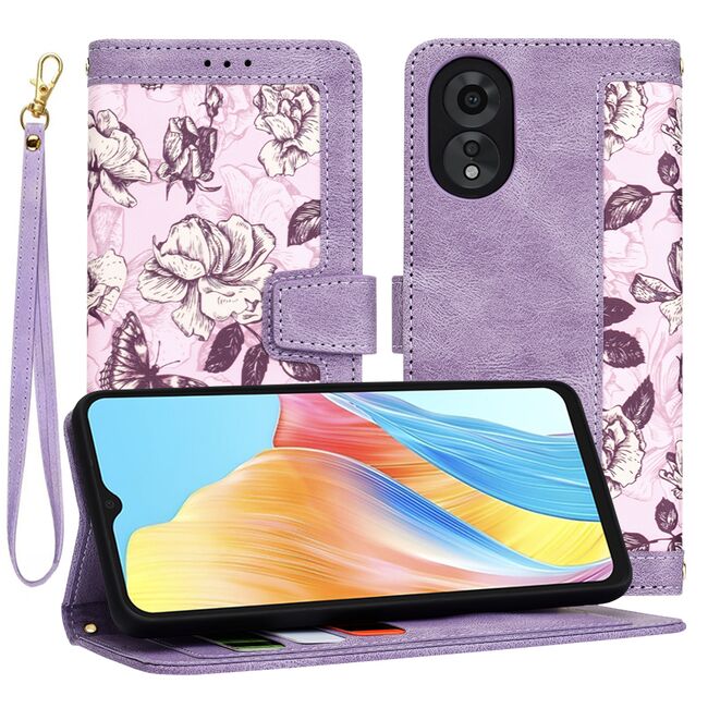 Husa tip carte pentru  Oppo A18, A38, functie stand si port carduri, mov