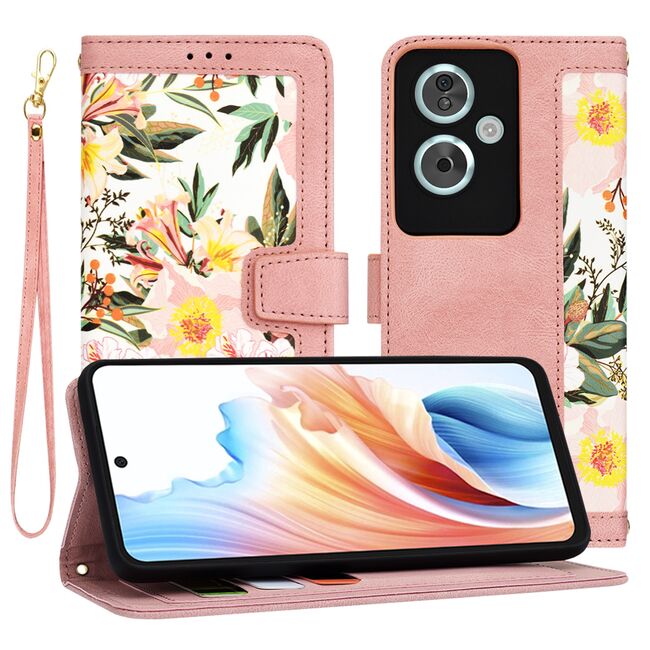 Husa tip carte pentru  Oppo A79 5G, functie stand si port carduri, roz