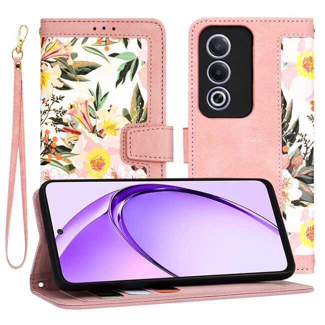 Husa tip carte pentru  Oppo A80, functie stand si port carduri, roz